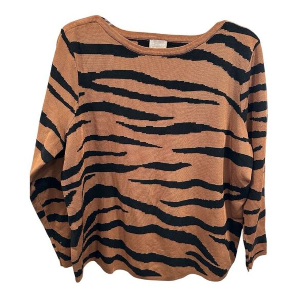 Chico's Women's Tiger Print Pullover Sweater Size 3 Petite XLP Multicolor